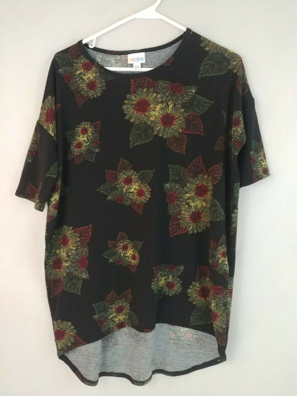 Lularoe Irma Tunic Black With Yellow &Red Flowers Size XXS